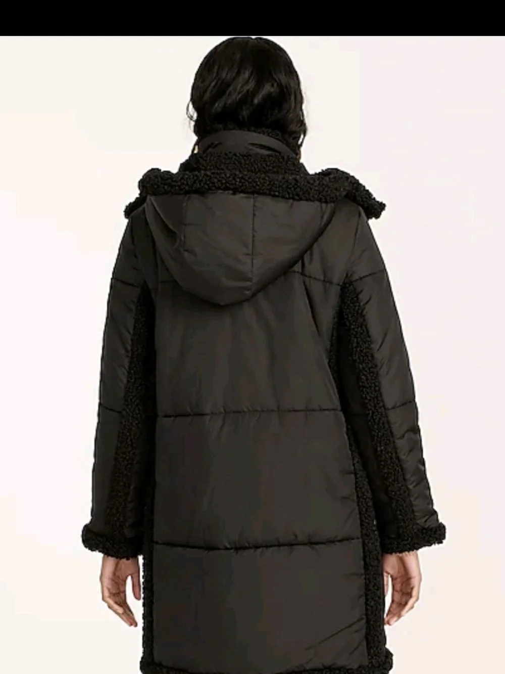 J. Crew Black Hooded Puffer Coat with Sherpa Trim